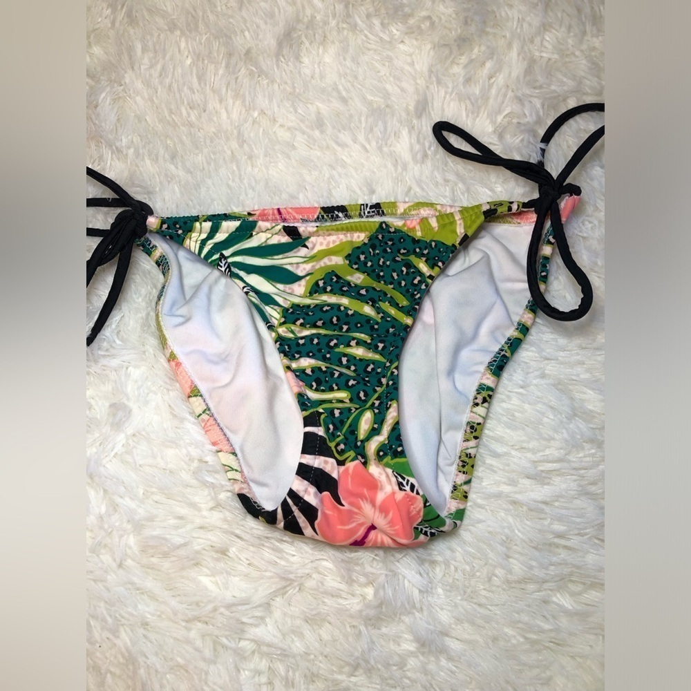 VENUS green and pink Tropical Print Bikini Bottom with Black Ties size 2 NWOT